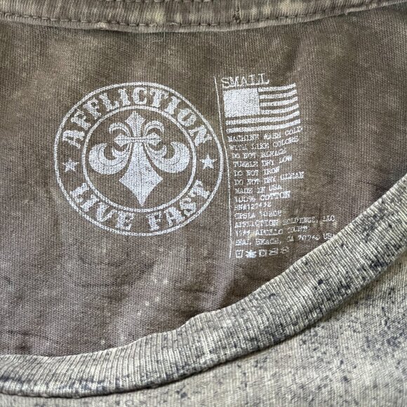 Affliction Battlefront Live Fast Sz S Iron Cross Military Green Wash Tee Shirt - Picture 8 of 8